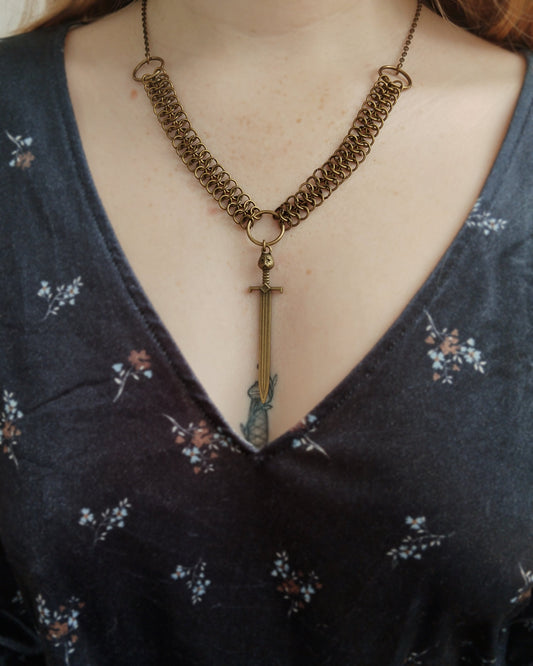 The Chainmail Dagger Pendant Necklace in Antique Bronze