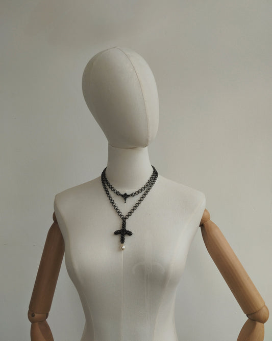 One of a Kind - The Ayla Cross Layer Chainmail Necklace in Gun Metal Black