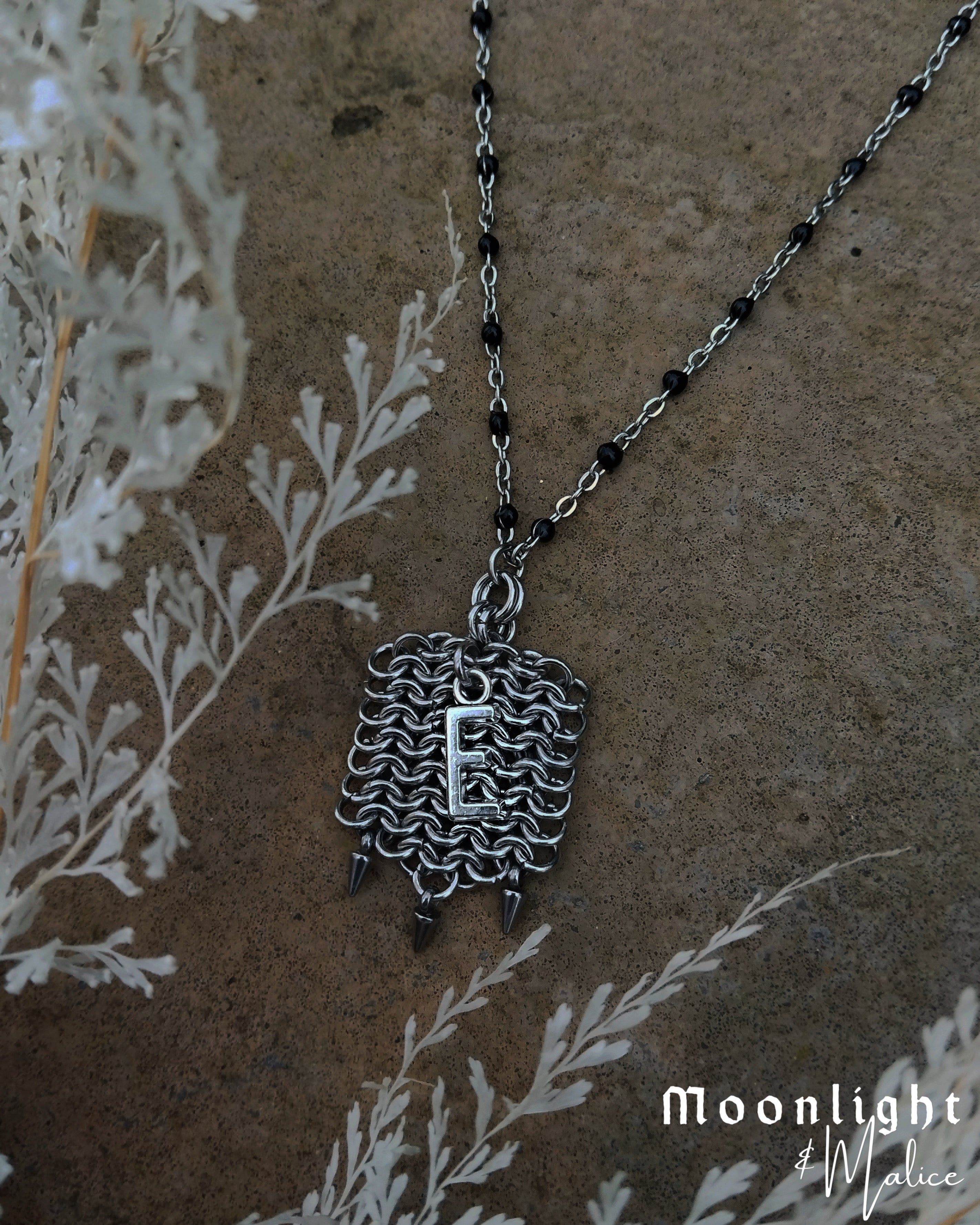 The Medieval Pennon Initial Chainmail Necklace in Stainless Steel