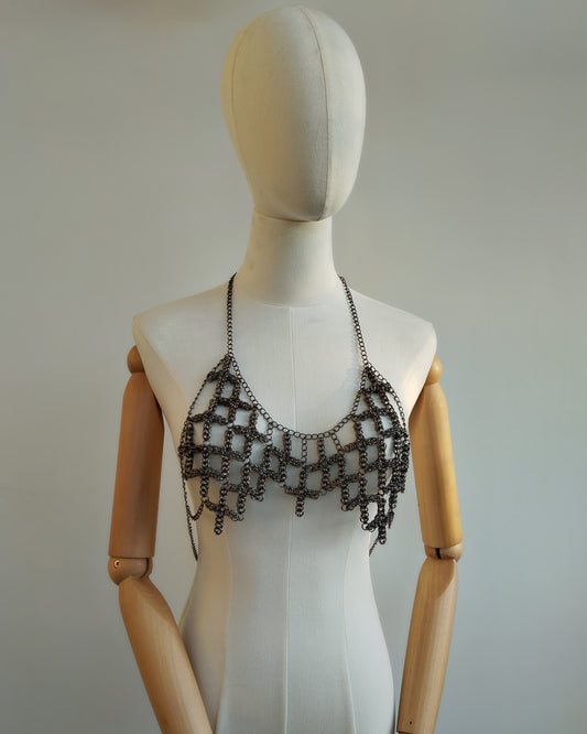 The Ayla Cross Pendant Chainmail Bralet in Gun Metal Black