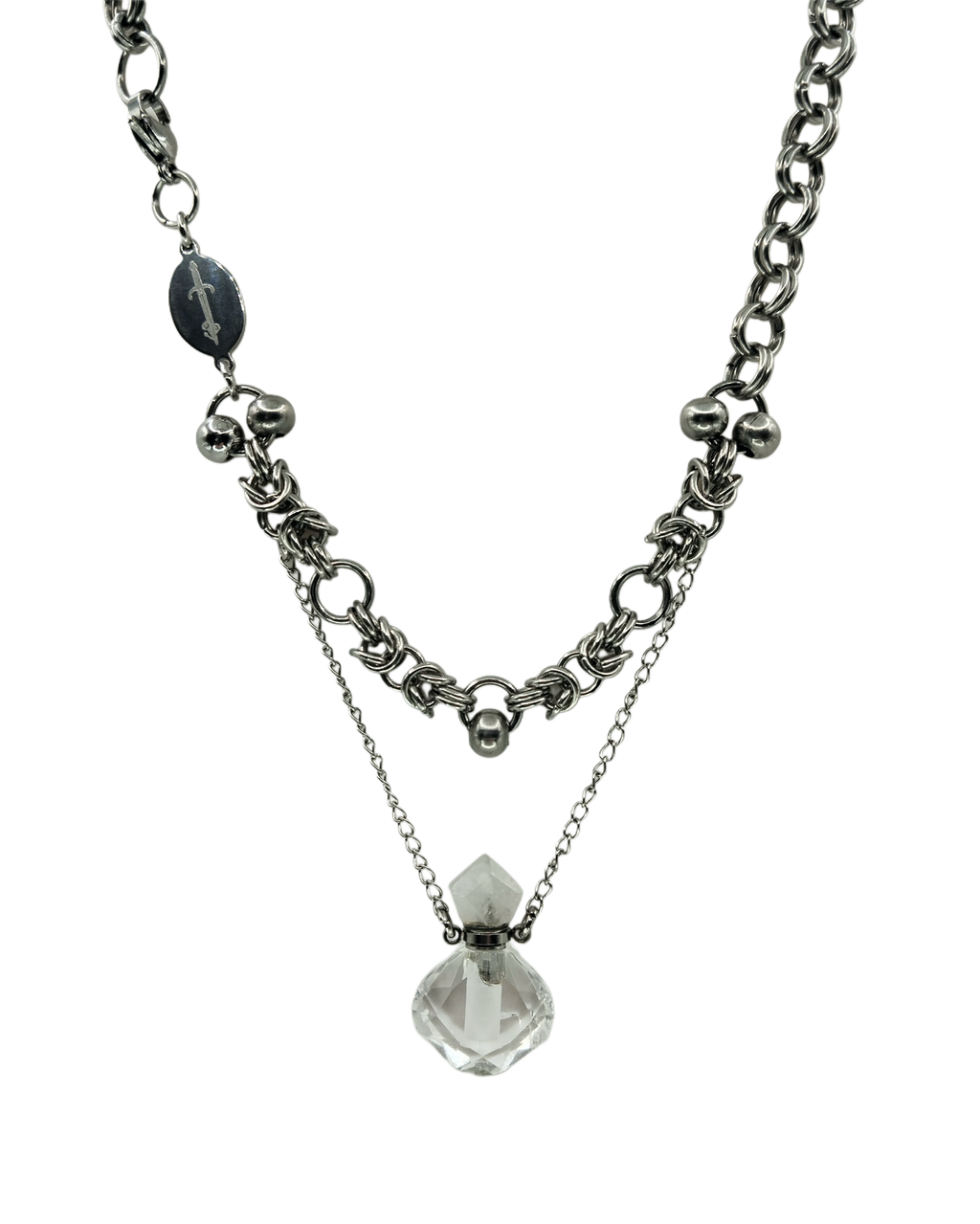 The Josephine Chainmail Perfume Bottle Pendant Necklace in Stainless Steel