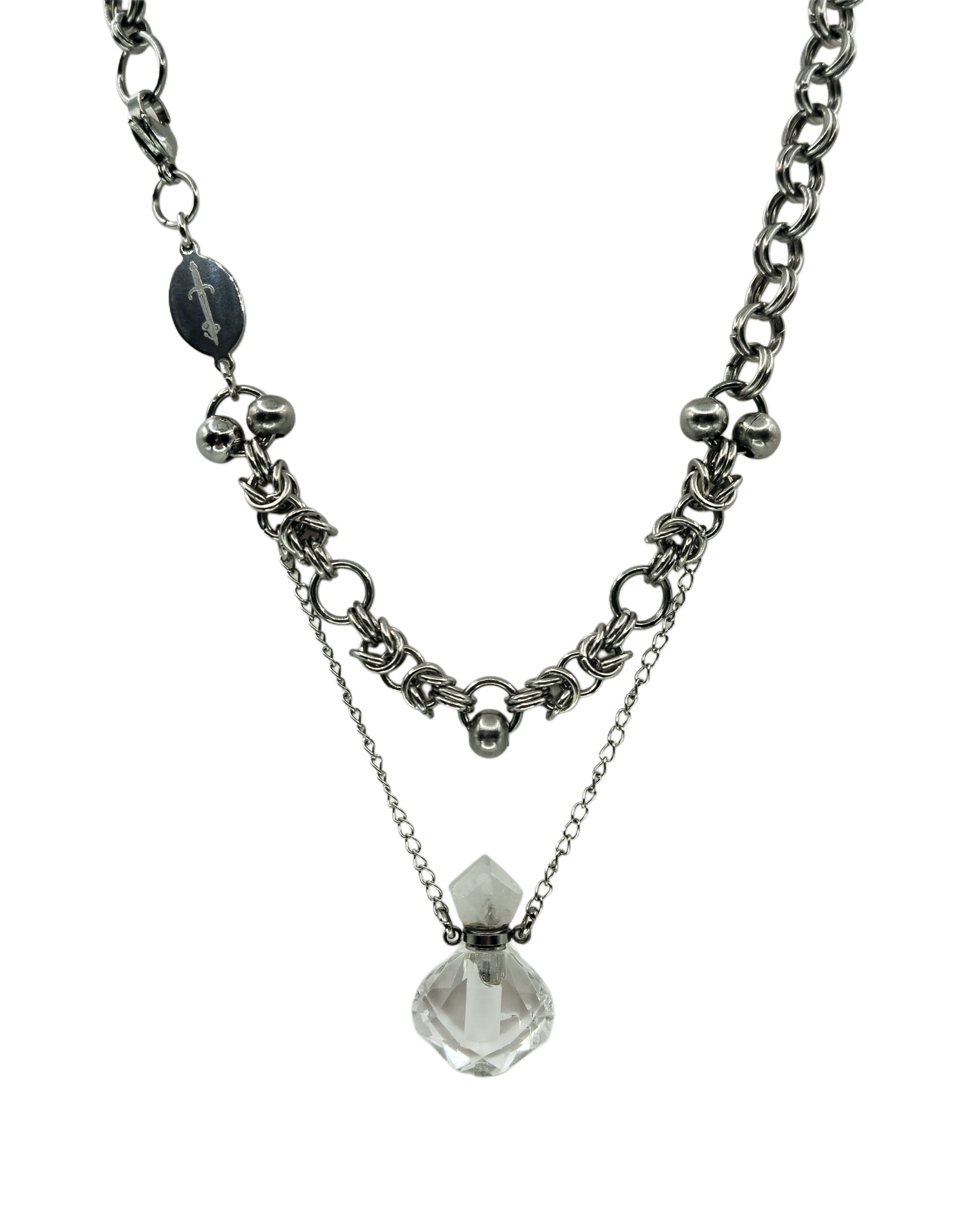 The Josephine Chainmail Perfume Bottle Pendant Necklace in Stainless Steel