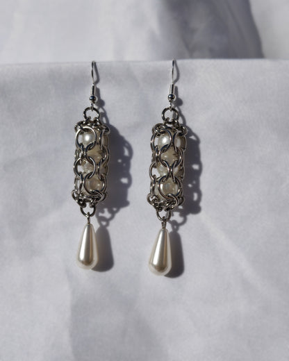 One of a Kind - The Chainmail Pearl Leucothea Earrings in Stainless Steel