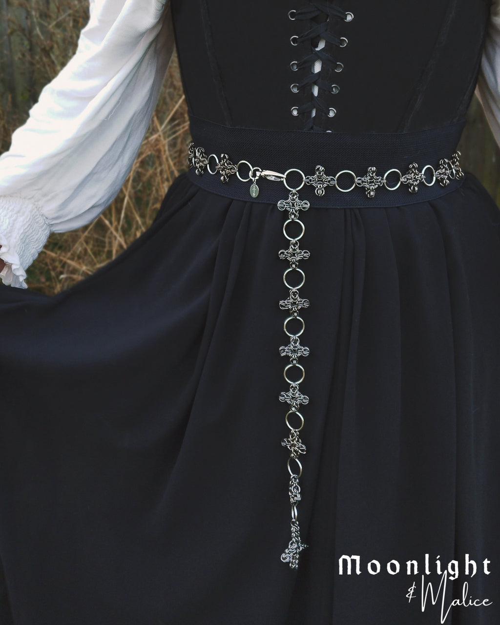 The Ayla Cross Pendant Chainmail Girdle Belt in Gun Metal Black
