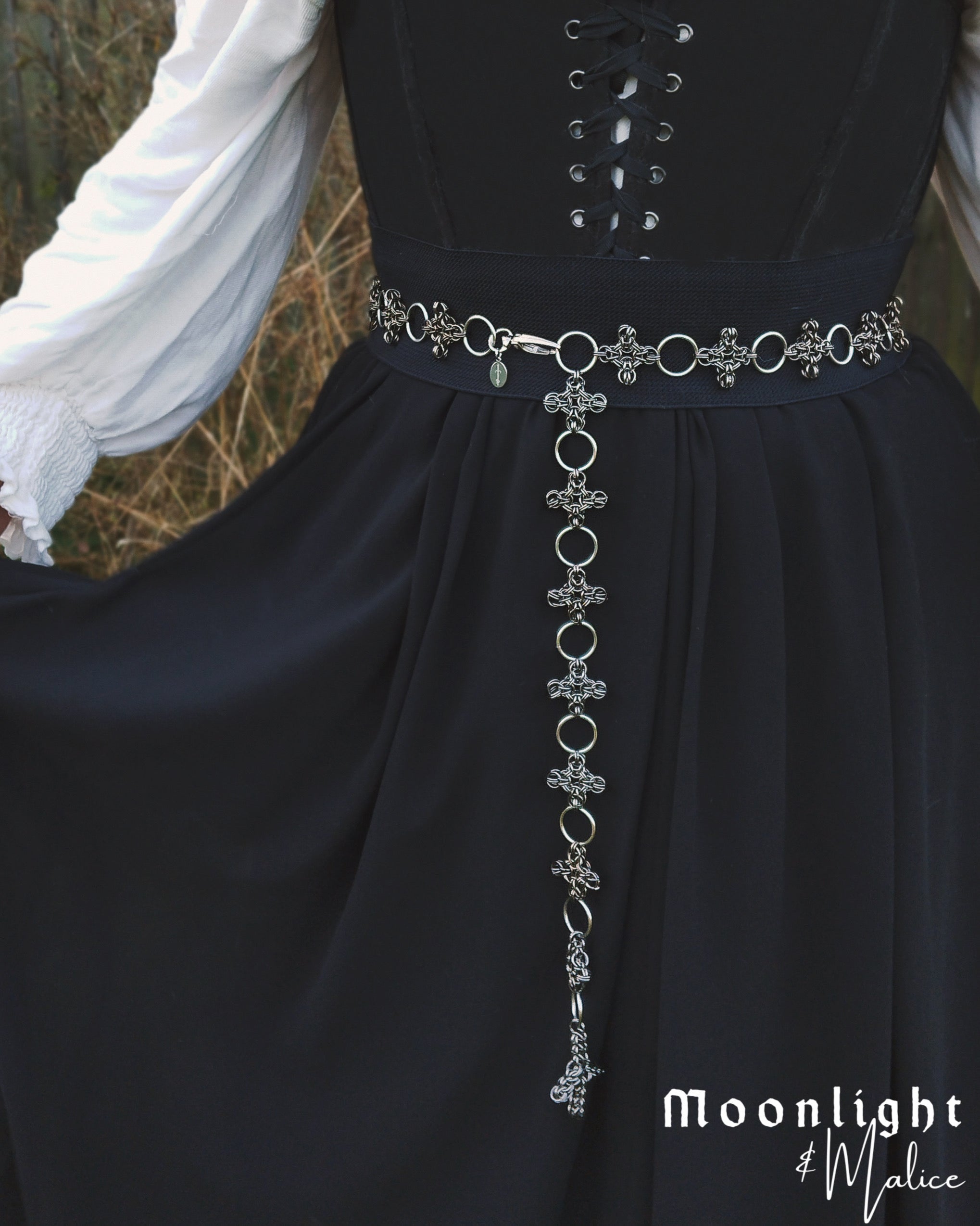 The Ayla Cross Pendant Chainmail Girdle Belt in Gun Metal Black