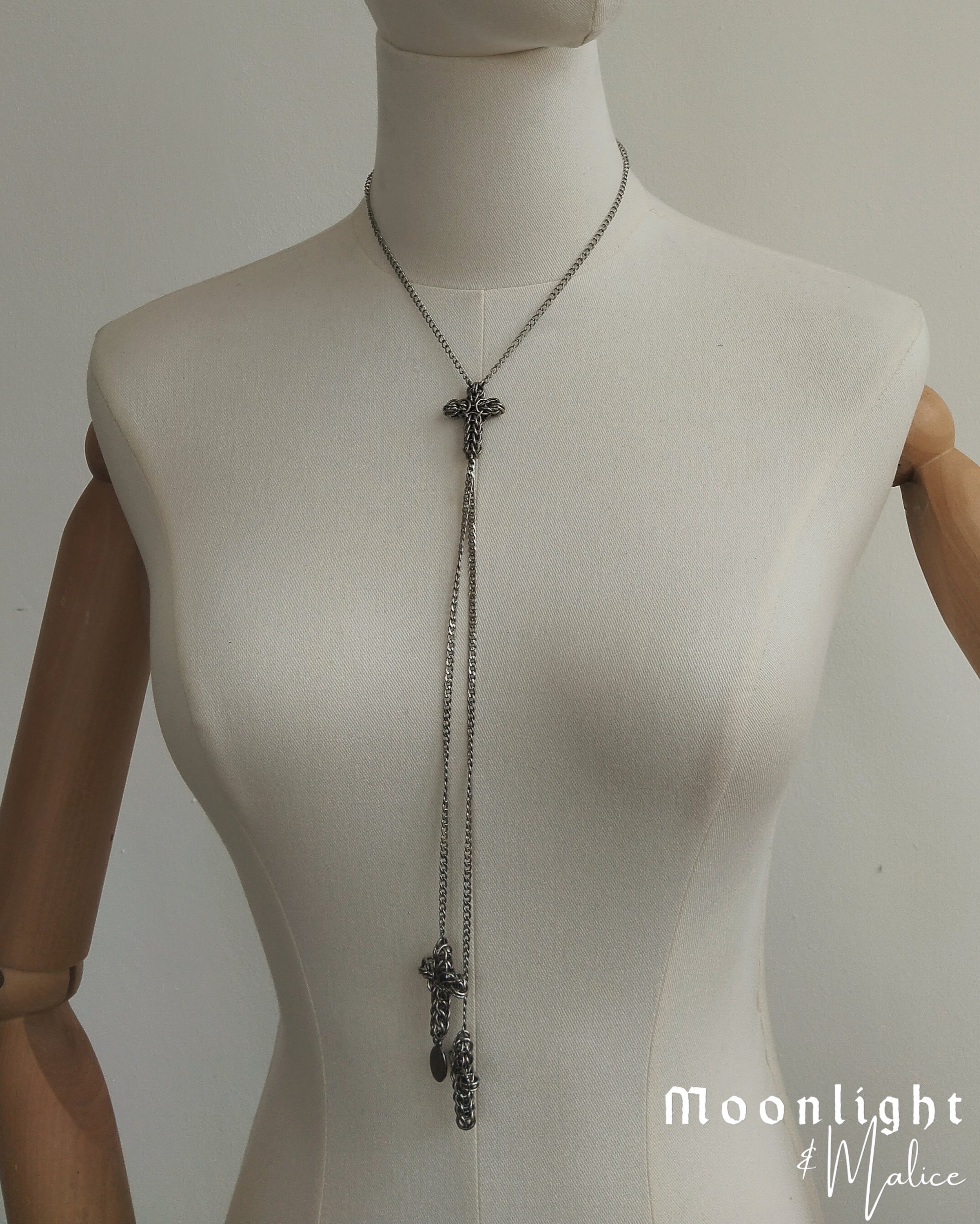 The Styx Trio Cross Bolo Inspired Chainmail Necklace in Stainless Steel
