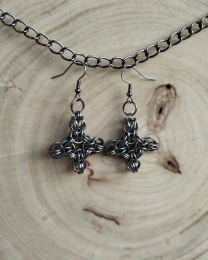 One of a Kind - The Chainmail Cross Pendant Earrings in Gun Metal Black