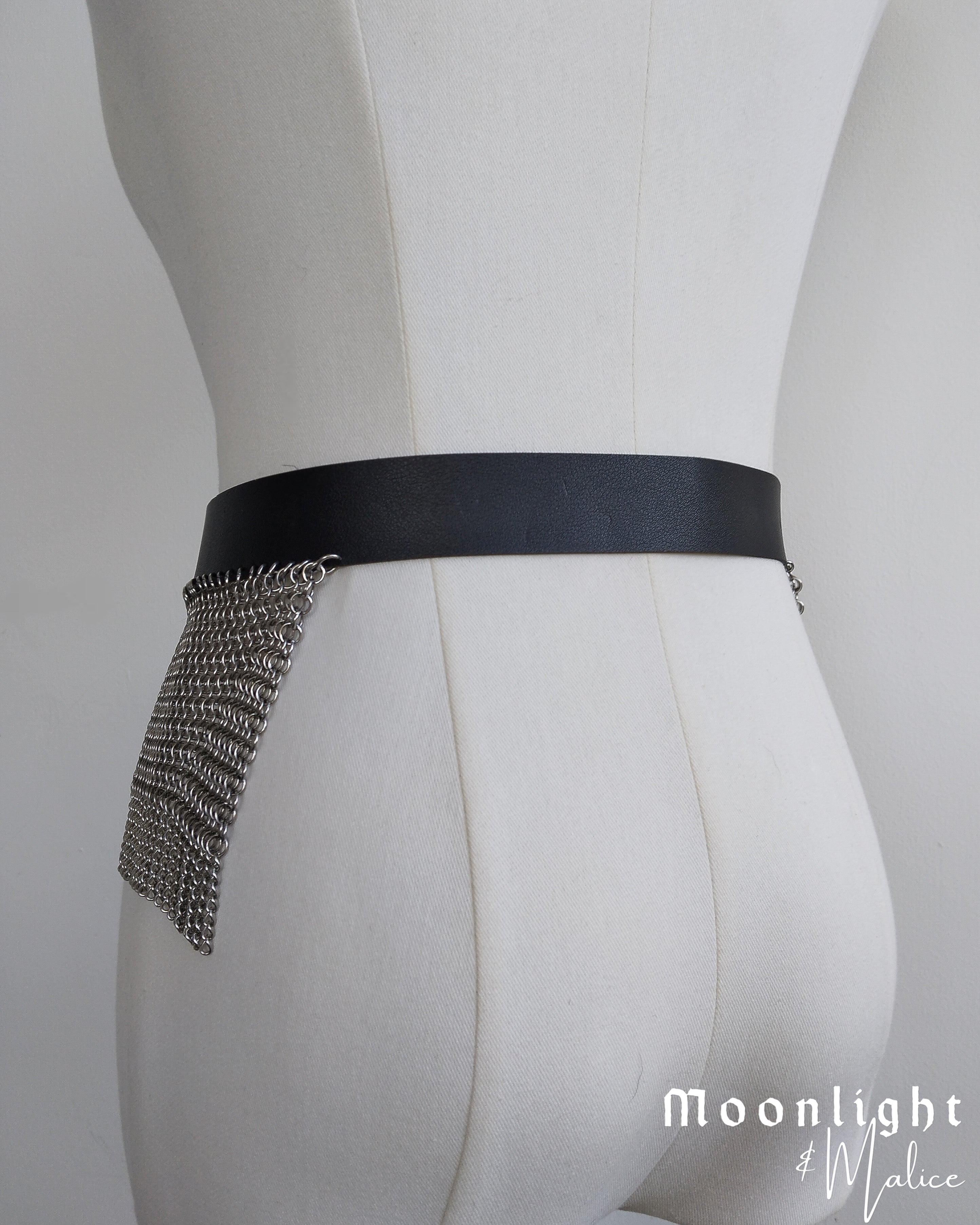 The Haunted Chainmail Belt in Stainless Steel & Faux Leather Black