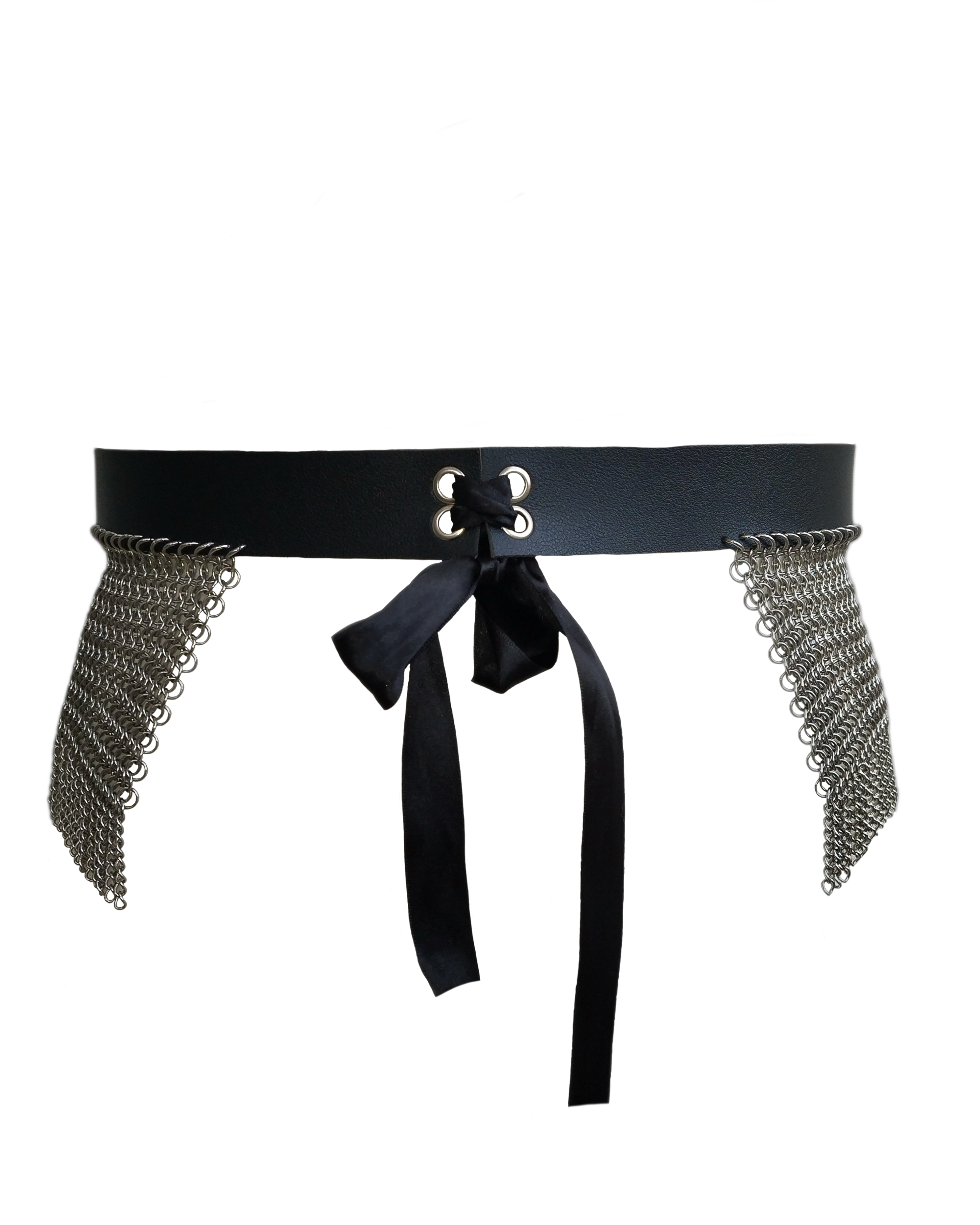 The Haunted Chainmail Belt in Stainless Steel & Faux Leather Black