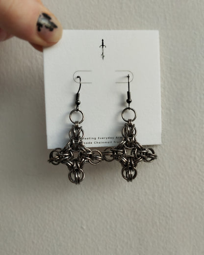 One of a Kind - The Chainmail Cross Pendant Earrings in Gun Metal Black