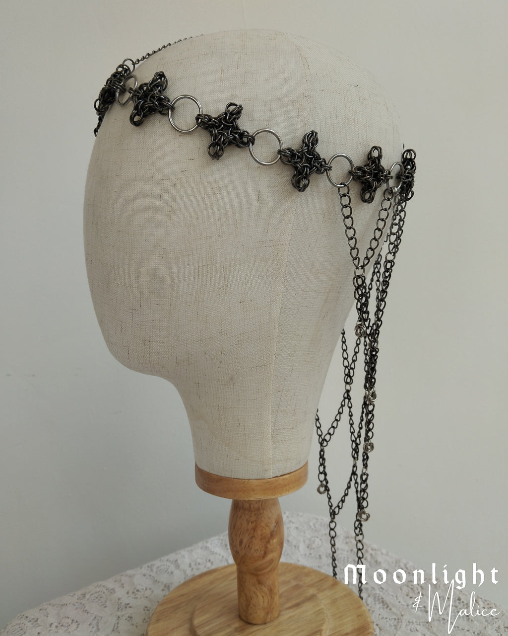 The Ayla Chainmail Cross Head Piece in Stainless Steel & Gunmetal Black - One of a Kind
