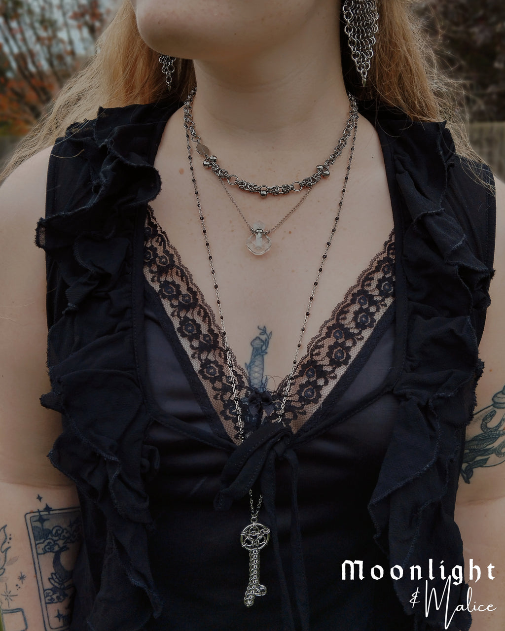 The Josephine Chainmail Perfume Bottle Pendant Necklace in Stainless Steel