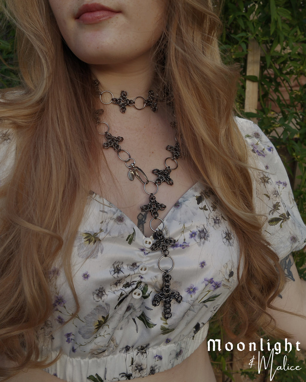 The Ayla Cross Pendant Chainmail Belt in Gun Metal Black