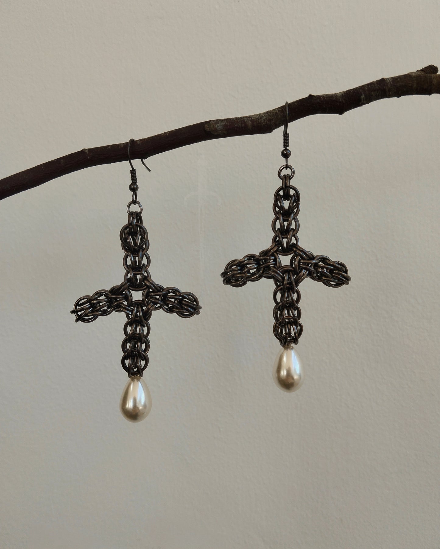 One of a Kind - The Ayla Chainmail Cross Pendant Earrings in Gun Metal Black