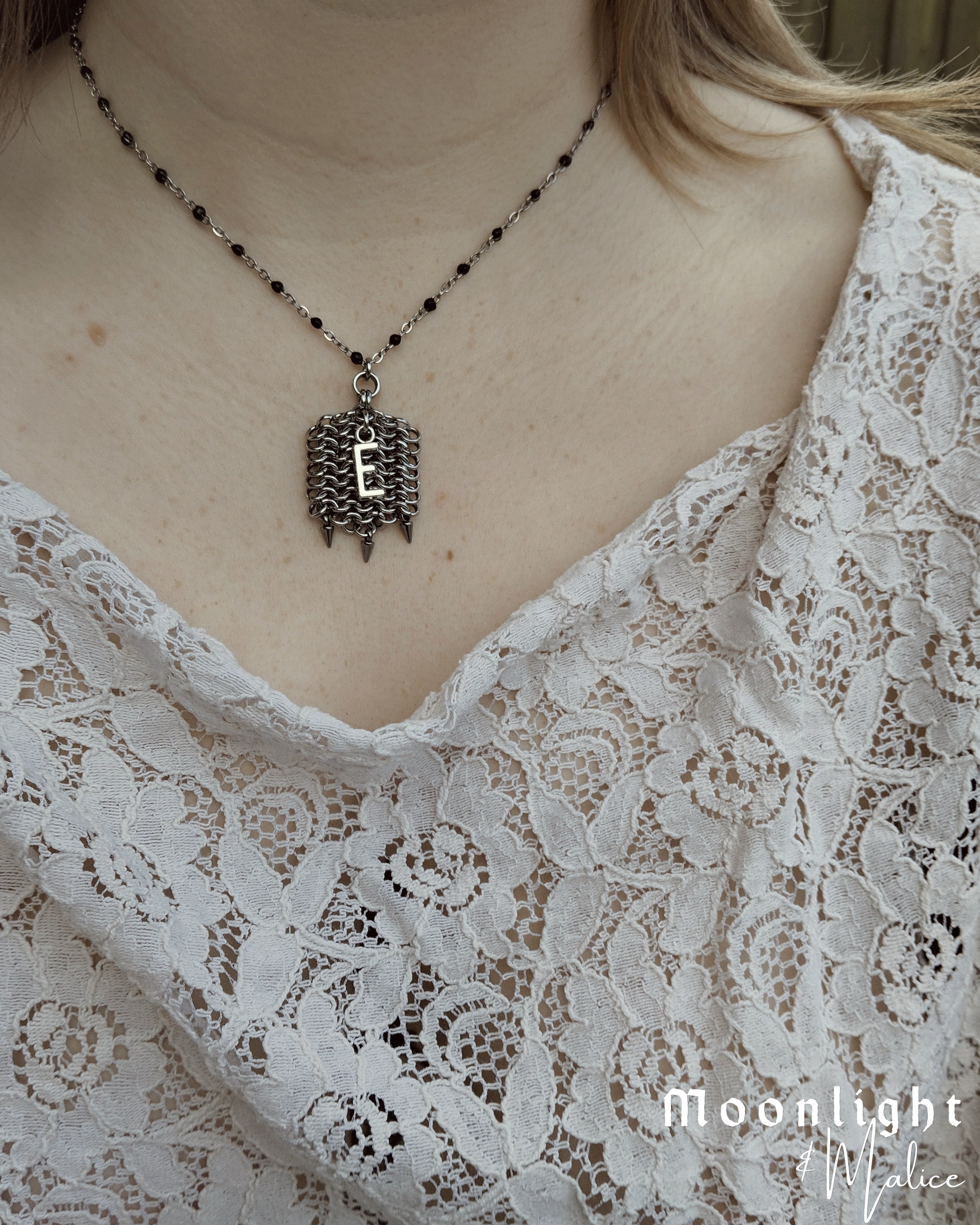 The Medieval Pennon Initial Chainmail Necklace in Stainless Steel