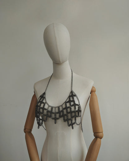 The Ayla Cross Pendant Chainmail Bralet in Gun Metal Black
