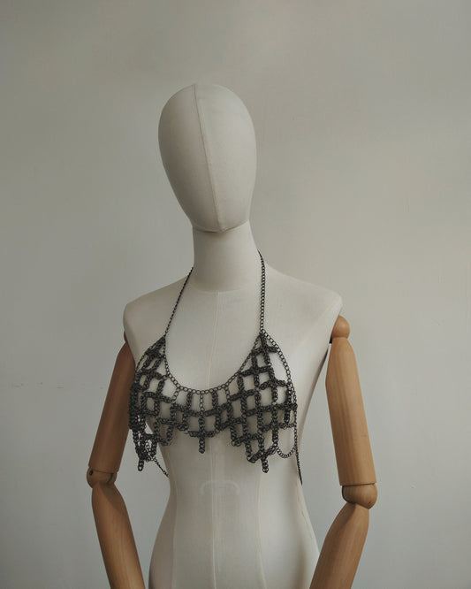 The Ayla Cross Pendant Chainmail Bralet in Gun Metal Black