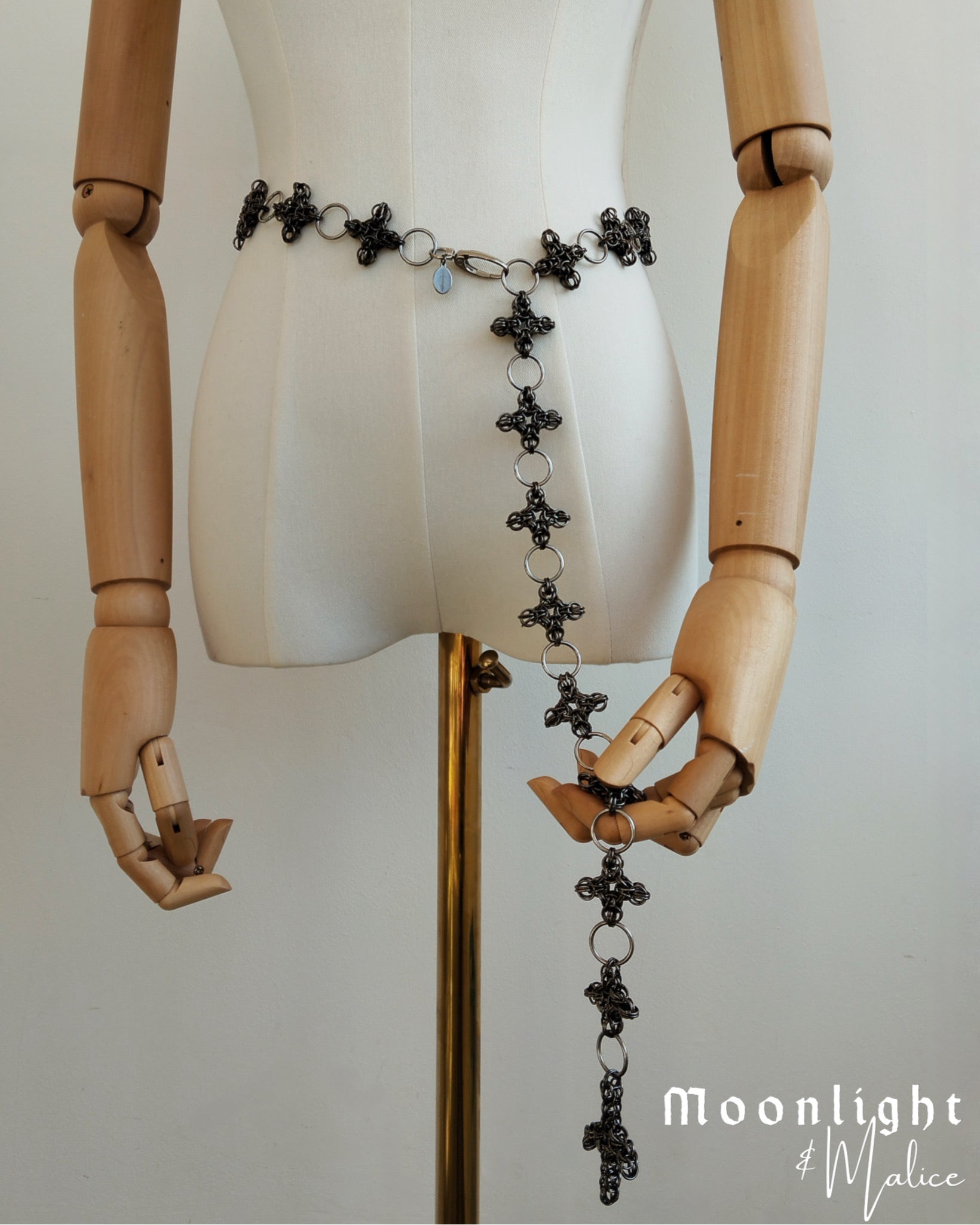 The Ayla Cross Pendant Chainmail Belt in Gun Metal Black