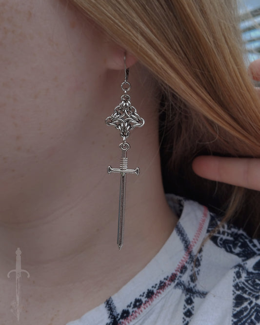 The Sword & Shield Chainmail Pendant Earrings in Stainless Steel