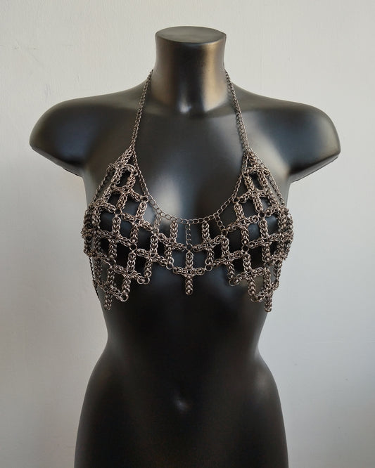 The Ayla Cross Pendant Chainmail Bralet in Gun Metal Black