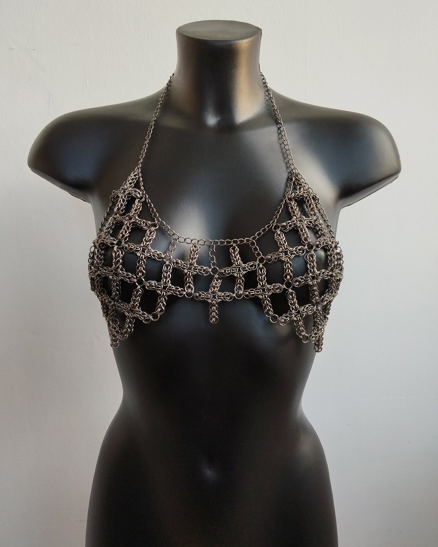 The Ayla Cross Pendant Chainmail Bralet in Gun Metal Black