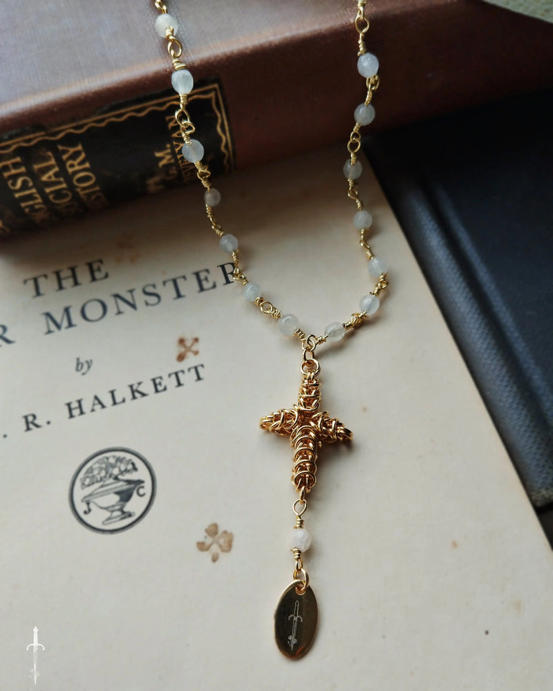 PRE ORDER The 24kt Gold Plated Sword Pendant with Quartz Chain Necklace The Moonlight and Malice Shop