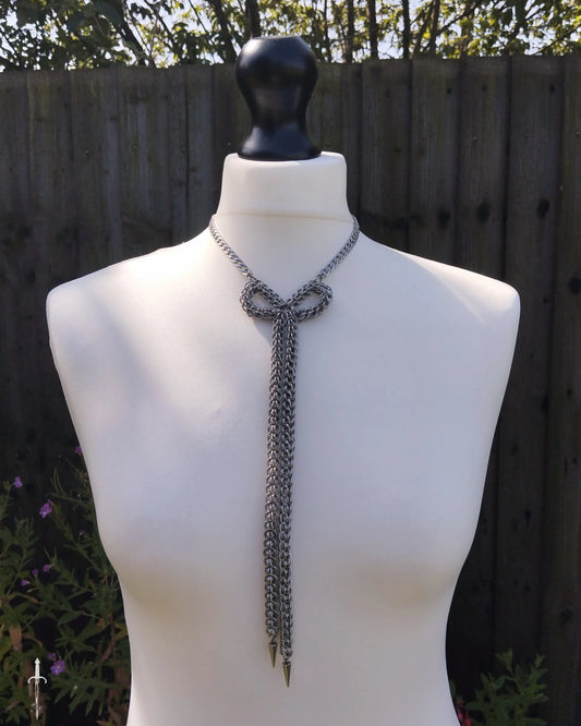 The Long Chainmail Bow Necklace in Stainless Steel The Moonlight and Malice Shop